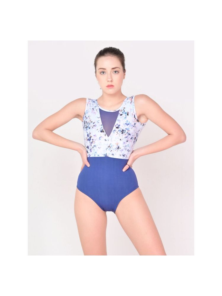 The Dance Bible Floral Printed Blue Mesh V-neck Design Bodysuit Leotard-image-4