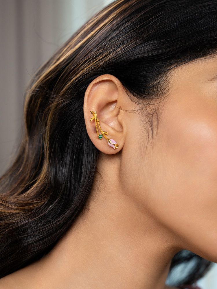 Shaya by CaratLane Women 925 Silver Pink Rose Green Stone Crafted Gold Plated Ear Cuffs-image-20