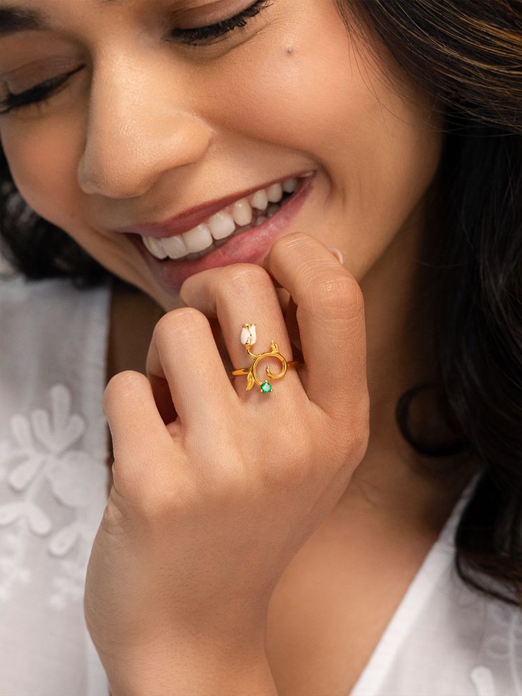 Shaya by CaratLane Women 925 Silver Sevti Rose Crafted Green Stone Gold Plated Ring-image-48