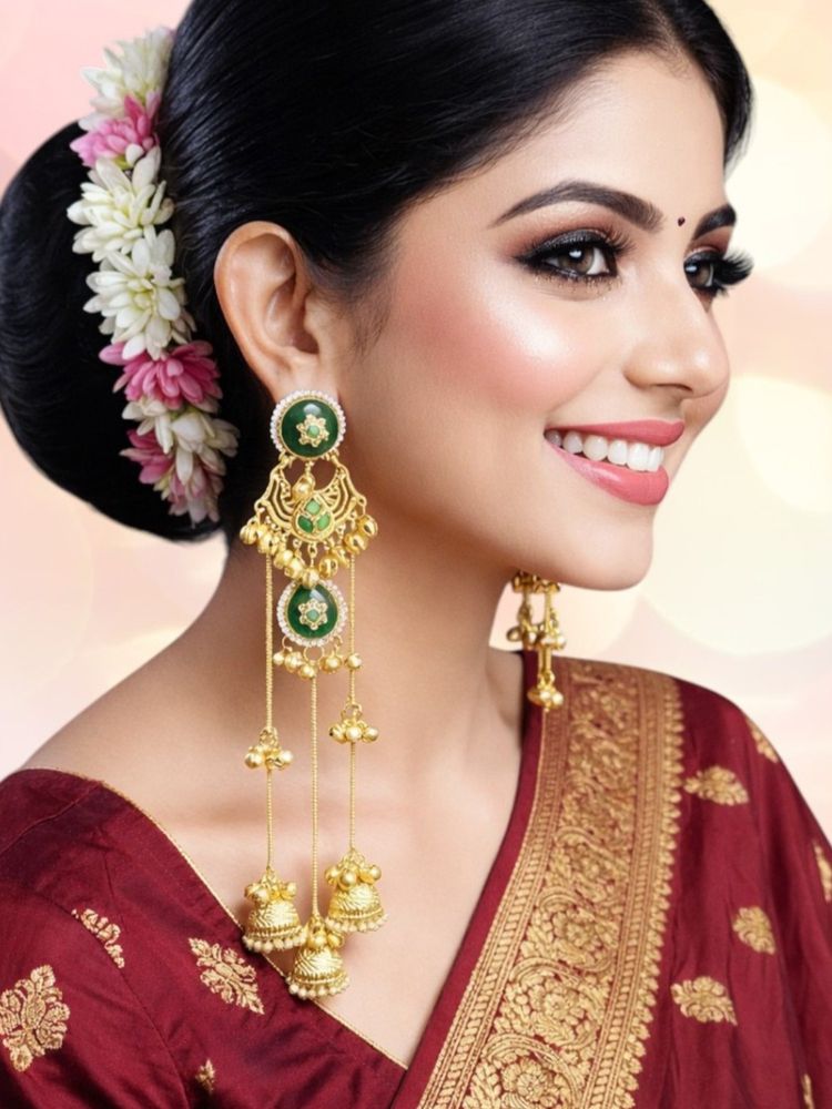 OOMPH Women Green Long Kashmiri Ghungroo Detailing Jhumka Earrings-image-11