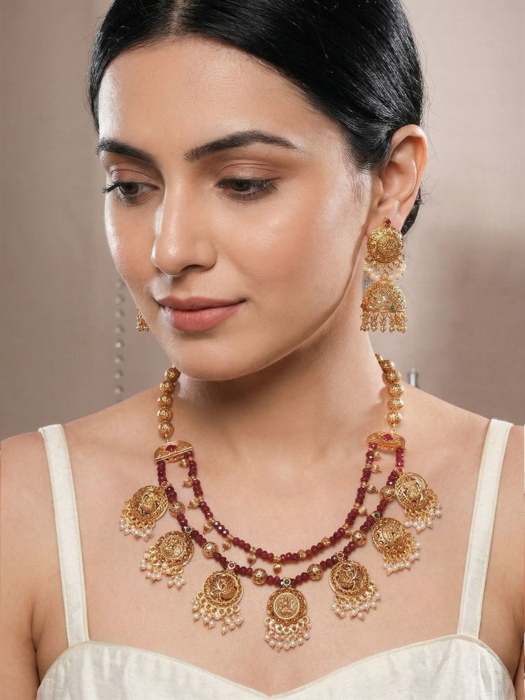 Saraf RS Jewellery Women 22k Gold Plated Maroon Beads Temple Lakshmi Jewellery Set-image-20