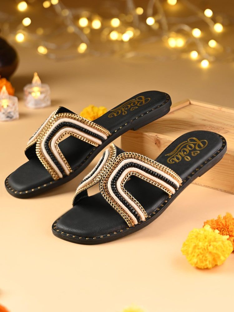 ROCIA Black Women Stylish H Embellished Flats-image-36