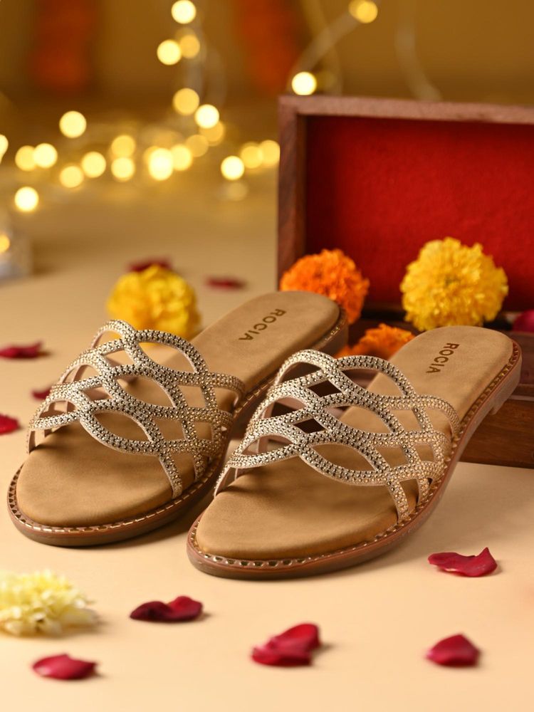ROCIA Antique Gold Women Diamond Embellished Criss Cross Flats-image-33