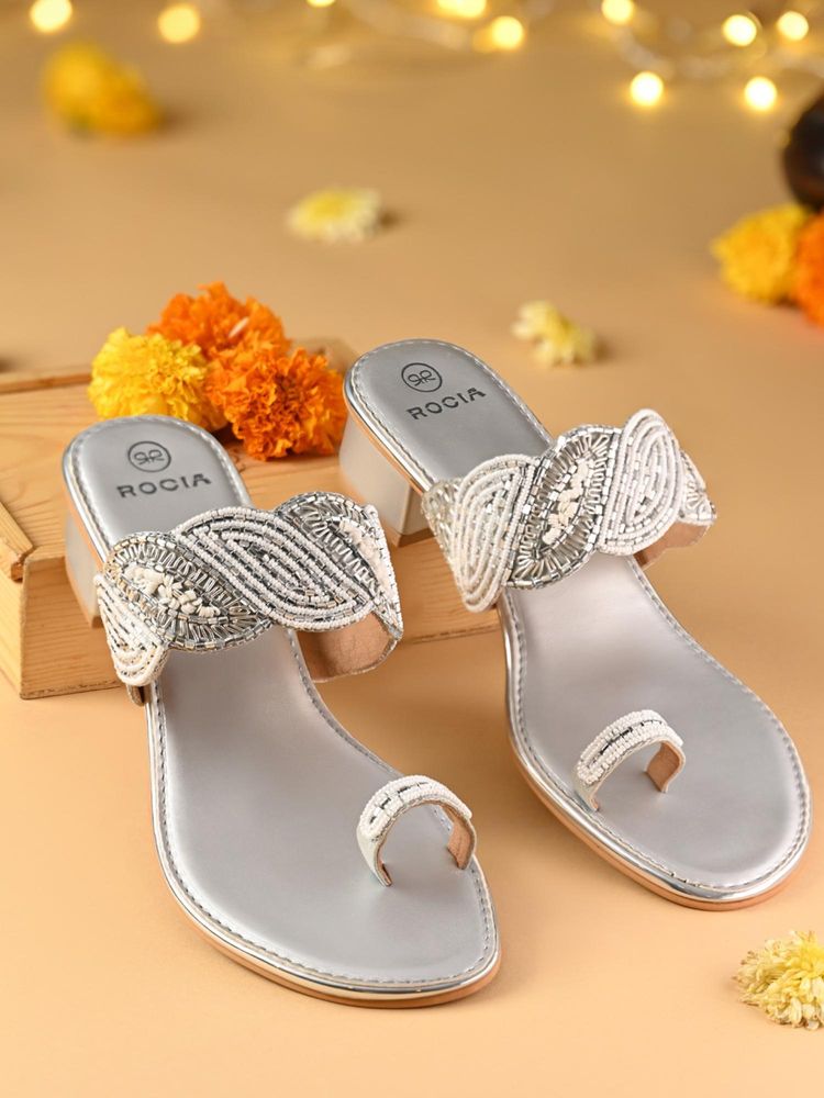 ROCIA Silver Women One Toe Embroidered Block Sandal Heels-picture-18
