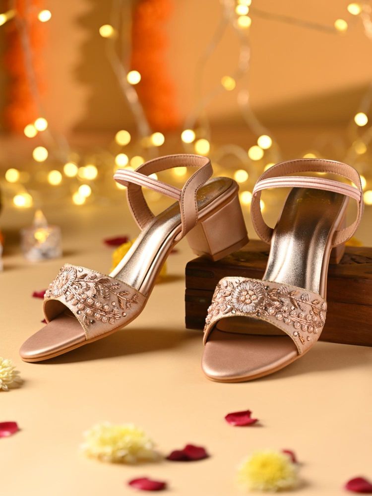 ROCIA Rose Gold Women Hand Embroidered Block Sandal Heels-image-46