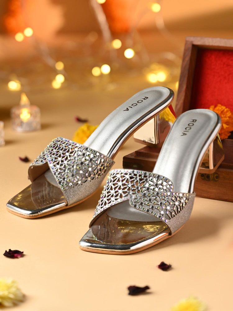 ROCIA Silver Women Laser Cut Block Sandal Heels-image-29