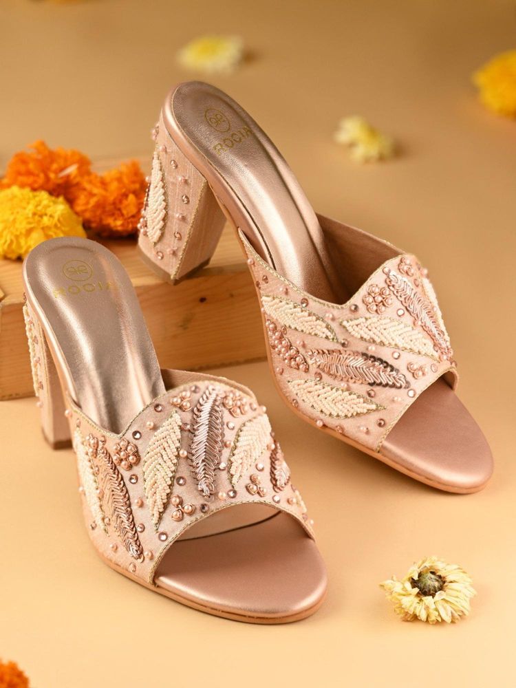 ROCIA Rose Gold Women Hand Embroidered High Block Sandal Heels-image-43