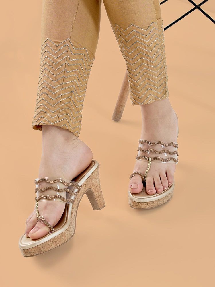 ROCIA Light Gold Women Diamonded Studded Vinyl Block Sandal Heels-image-17