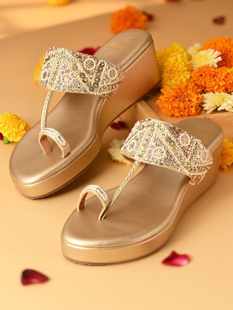 ROCIA Gold Women One Toe Embroidered Wedges Heels-image-10
