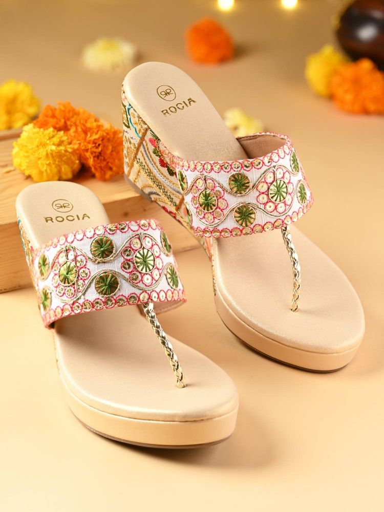 ROCIA White Women Ethnic Lace Wedges Heels-image-45