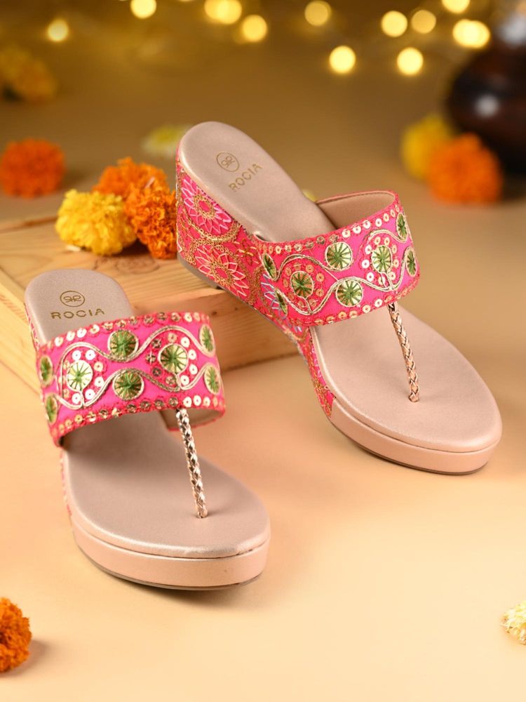 ROCIA Pink Women Ethnic Lace Wedges Heels-image-23