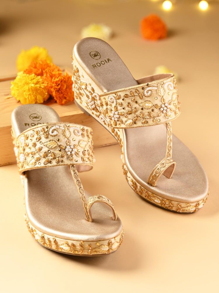ROCIA Gold Women Heavy Embroidered One Toe Wedges Heels-image-1