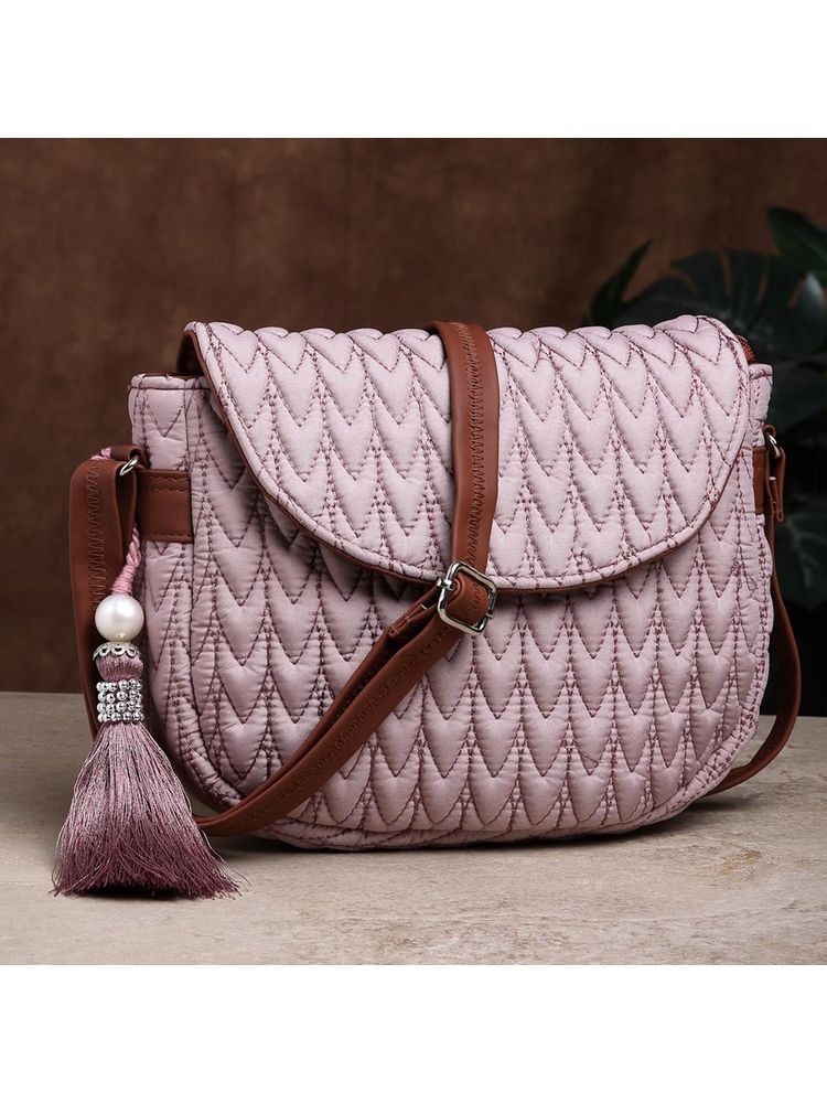 Anekaant Uno Dusty Pink and Tan Chevron Quilted Polyester Sling Bag-picture-19