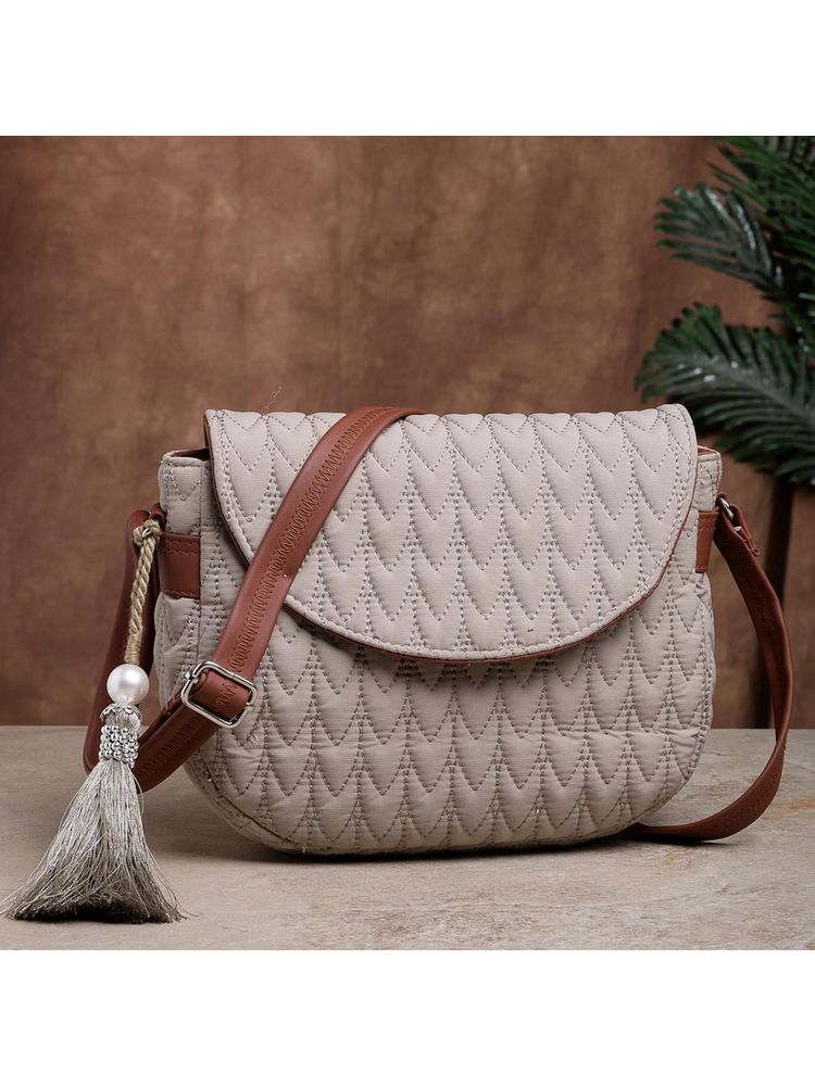 Anekaant Uno Beige and Tan Chevron Quilted Polyester Sling Bag