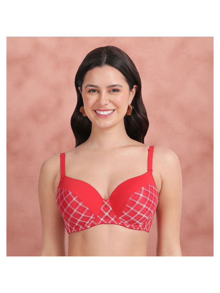 Shyaway Racing Red Checked Half Lace Padded Wired Bra-picture-10