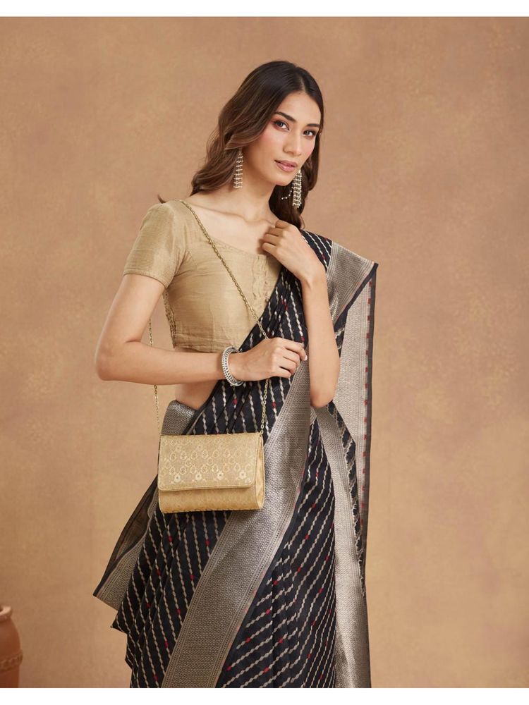 Fabindia Gold Silk Blend Clutch with Detachable Chain (M)-image-20