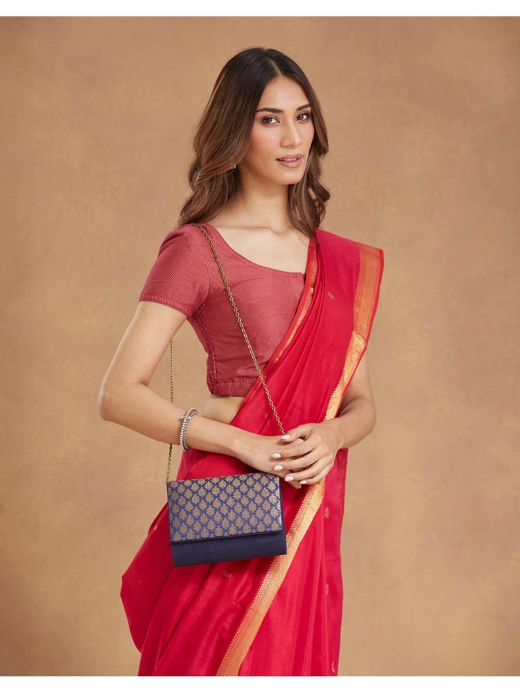 fabindia fashion Fabindia Navy Blue Silk Blend Clutch with Detachable Chain (M)-picture-12