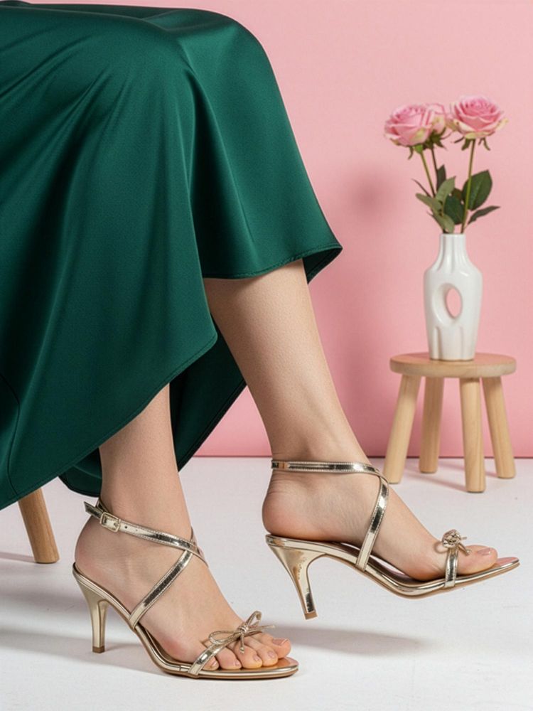 ELLE Womens Gold Strappy Bow Detail Ankle Strap Stiletto Heels-image-25