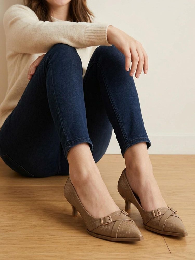 ELLE Womens Beige Criss-Cross Buckle Detail Textured Pointed Toe Pump Heels-picture-33