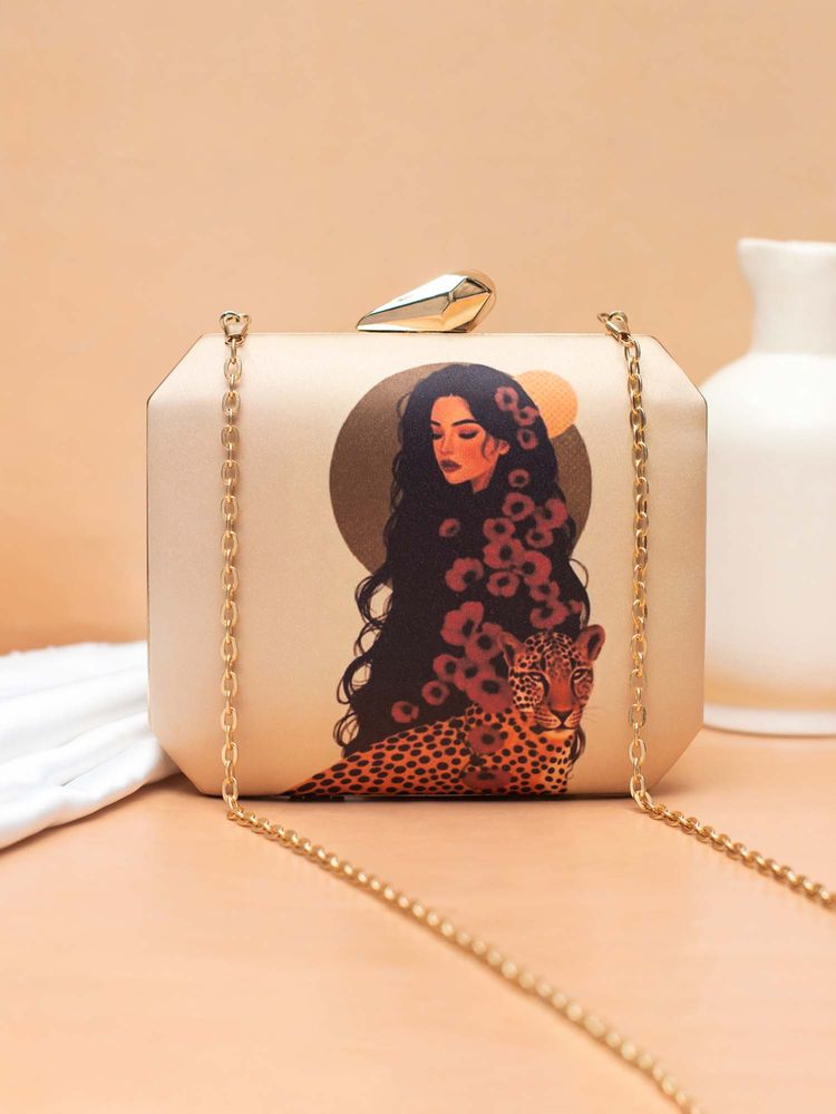 ARTKLIM Women Cream Glow Muse Printed Clutch with Detachable Chain-image-18