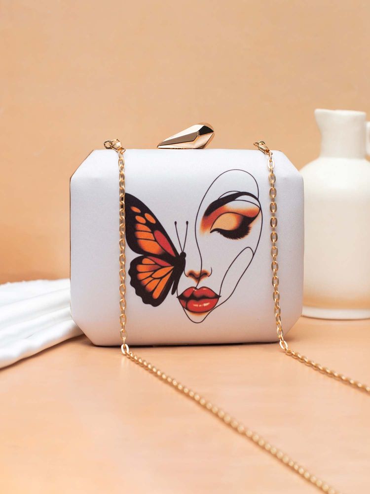 ARTKLIM Women White Butterfly Face Beauty Printed Clutch with Detachable Chain-picture-9