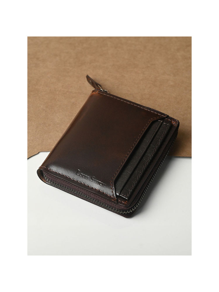 Louis Stitch Men Brunette Brown Spanish Leather Bifold Zipper Wallet
