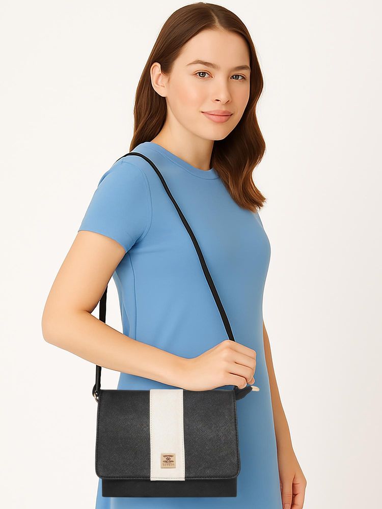 ESBEDA Women Bobbie Colorblock Textured PU Flap Sling Bag - Black (S)-image-42