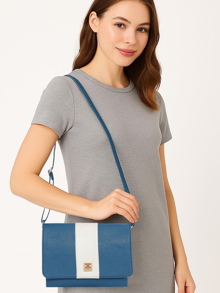 ESBEDA Women Bobbie Colorblock Textured PU Flap Sling Bag - Blue (S)-image-22