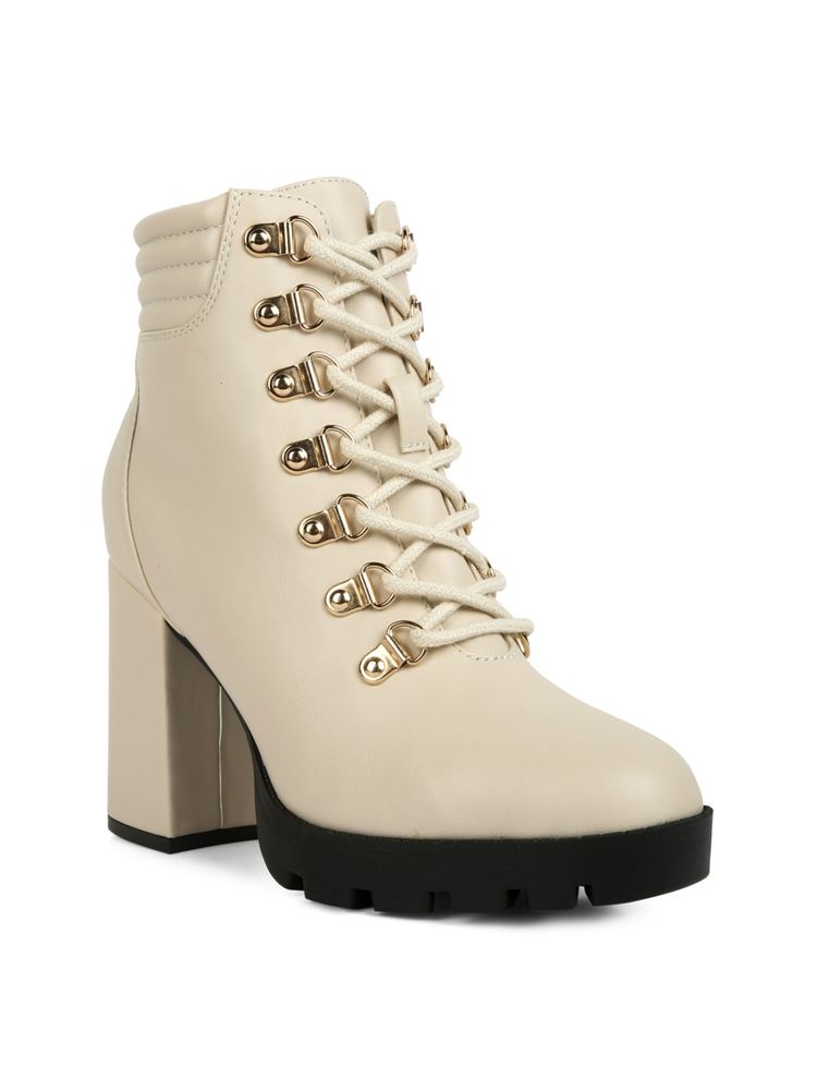 London Rag Beige Lace Up Block Heel Boots