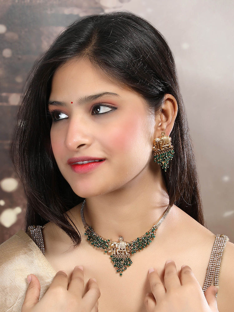 STILEADDA Gold Plated Green Beads Elephant Design Necklace Set-picture-49