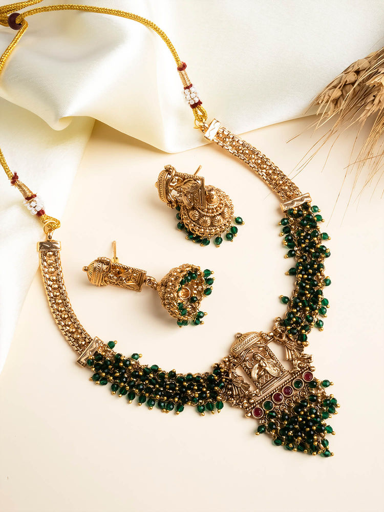STILEADDA Gold Plated Green Beads and Stone Barati Necklace Set-picture-3