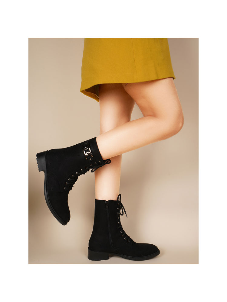 SHUZ TOUCH Black Lace Up Suede Casual Boots-picture-30
