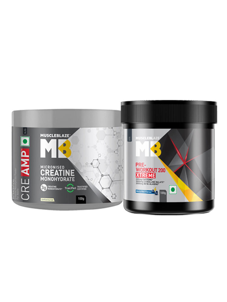 MuscleBlaze Pre Workout 200 Xtreme (Berry Bolt, 100 g) & Creatine Monohydrate CreAMP(100 g)