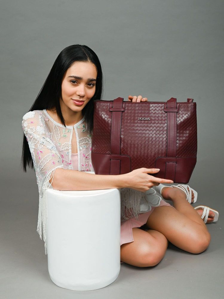 Odette Wine Pu Textured Tote Bag-image-2