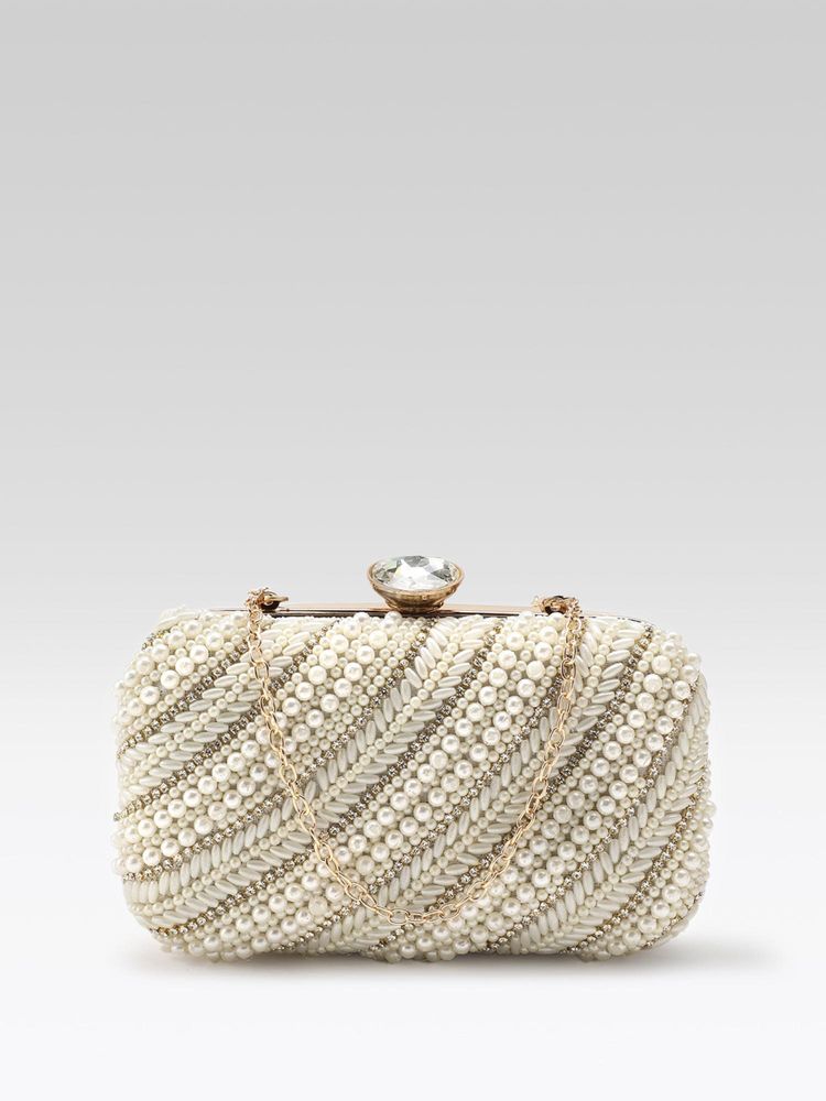 Fabbhue Women's Off-white Hand Embroidery Box Clutch with Detachable Strap