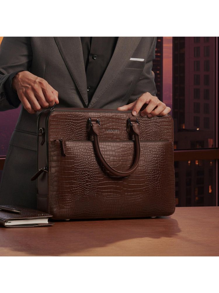 Lapis Bard Dark Brown Mandeville 14-Inch Croc-Textured Laptop Bag