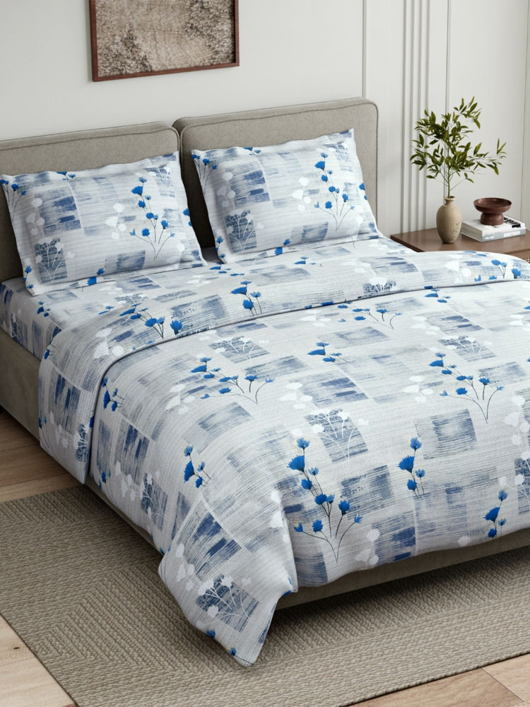 Haus & Kinder Blue Flower Sketch Cotton Flat 144 TC Bedsheet with 2 Pillow Covers (King)-picture-26