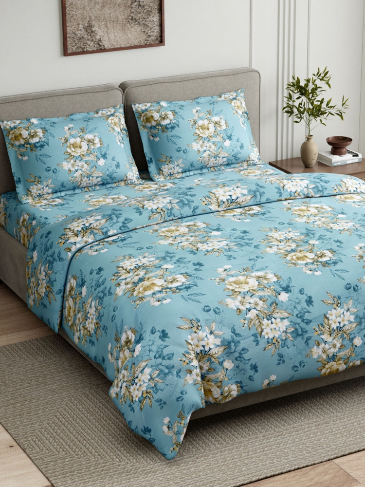 Haus & Kinder Sapphire Blue Botanica Cotton Flat 144 TC Bedsheet with 2 Pillow Covers (King)-image-11