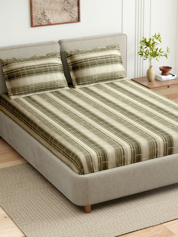 Haus & Kinder Green Linear Muse Cotton Fitted 144 TC Bedsheet with 2 Pillow Covers (King)-picture-18