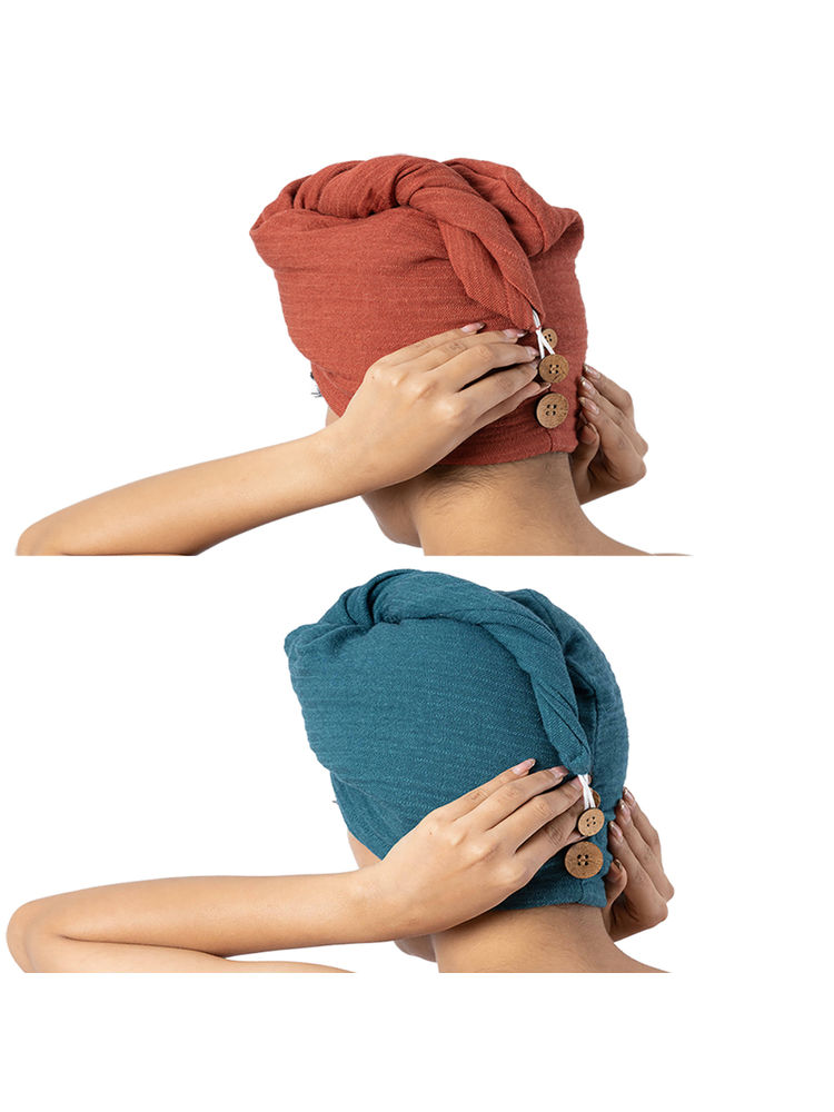 Doctor Towels Pack of 2 Banana Double Cloth Hair Wrap Dutch Teal & Terracotta (S)
