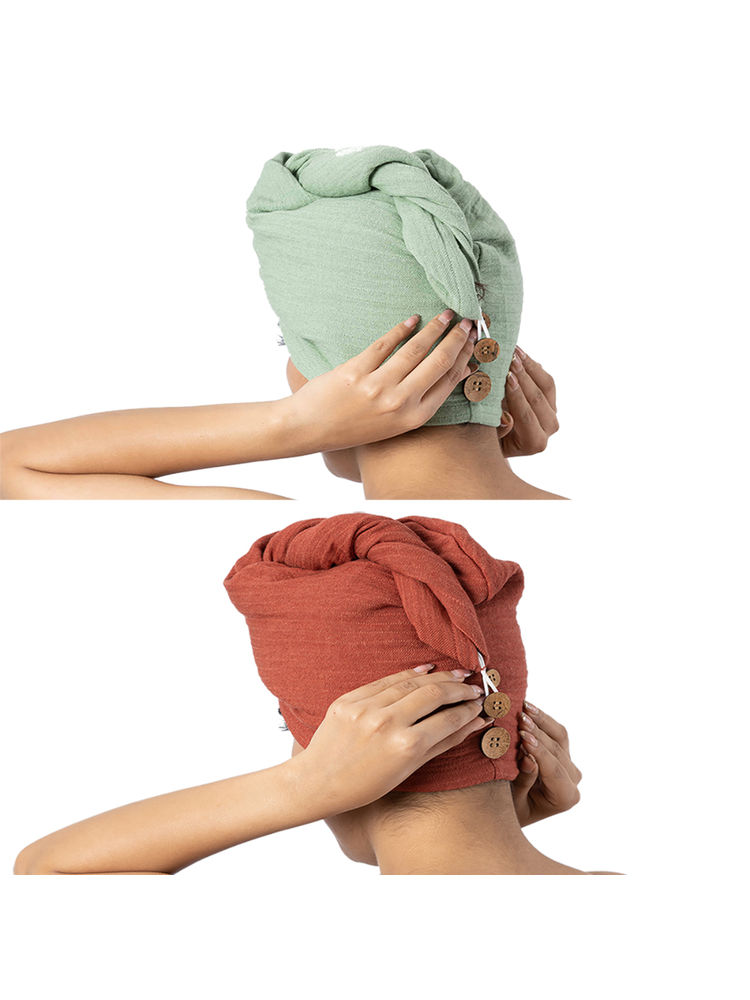 Doctor Towels Pack of 2 Banana Double Cloth Hair Wrap Terracotta & Sage Green (S)-picture-10