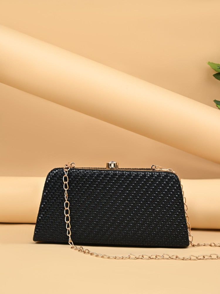 ROCIA By Regal Black Women Woven Metal Frame Clutch With Detachable Strap-image-45
