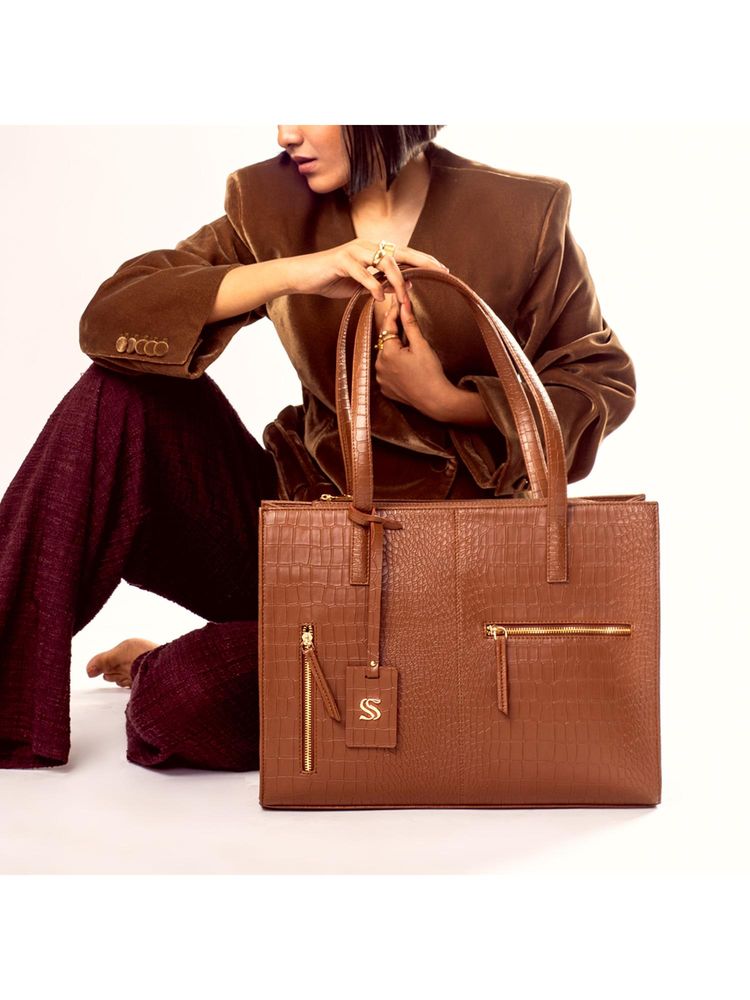 Strokes by Namrata Mehta Mocha Elegance Amira Tote Bag with Detachable Strap-image-42