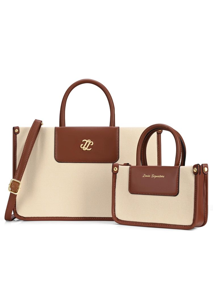 Lavie Signature Canva Combo Tote Bag With Handbag - Beige (L)-image-22