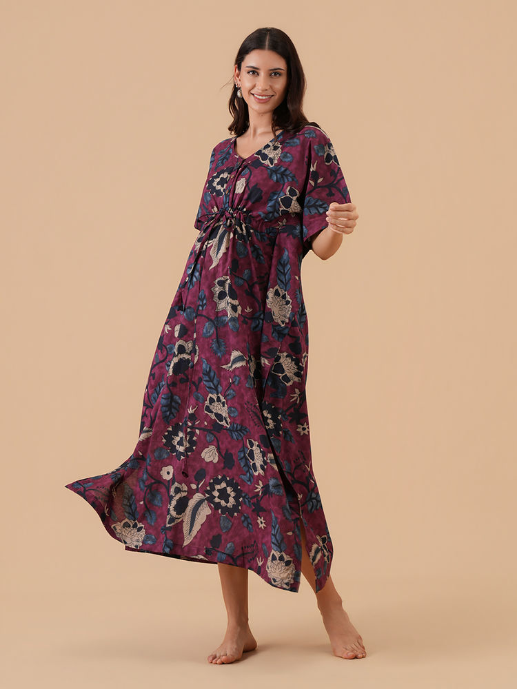The Mom Store Purple Floral Regular Fit Kaftan Nighty-picture-20
