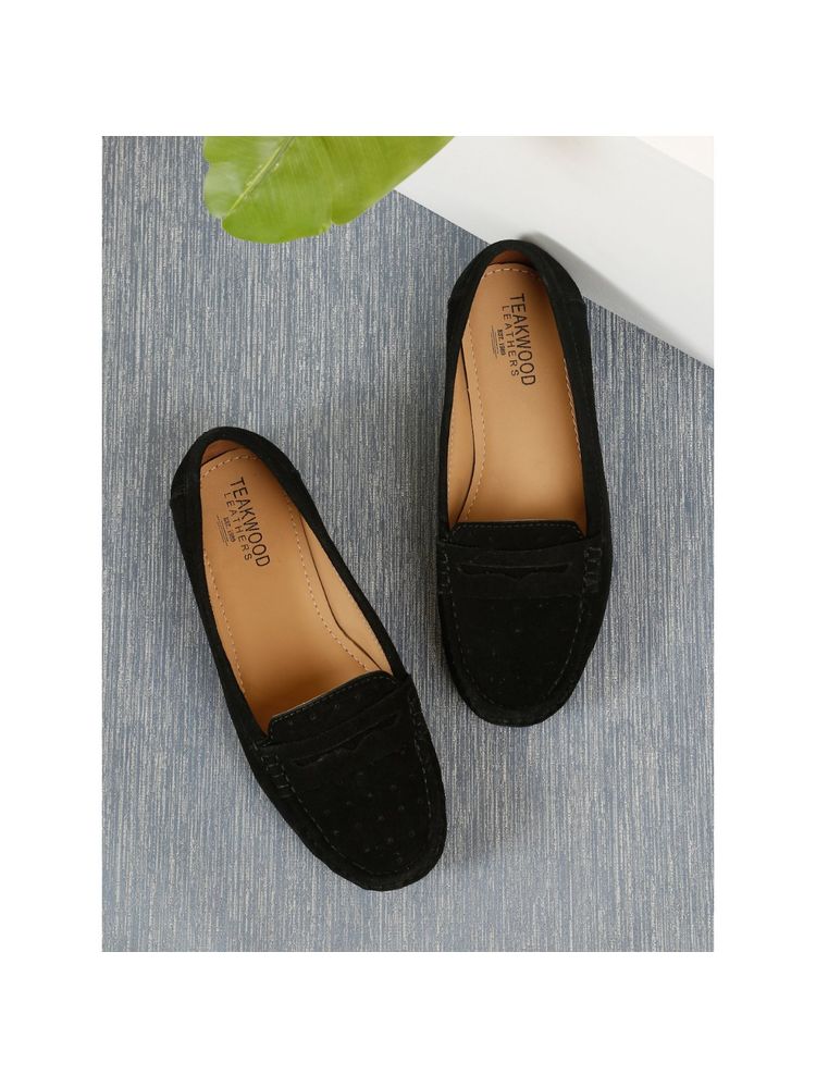 Teakwood Women Black Suede Leather Slip-On Loafers-image-43