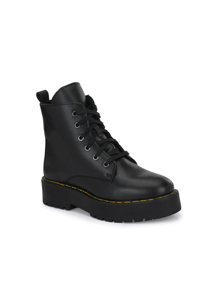 Delize Women's Black Solid Derby Boots With Yellow Stitching Detail-picture-19