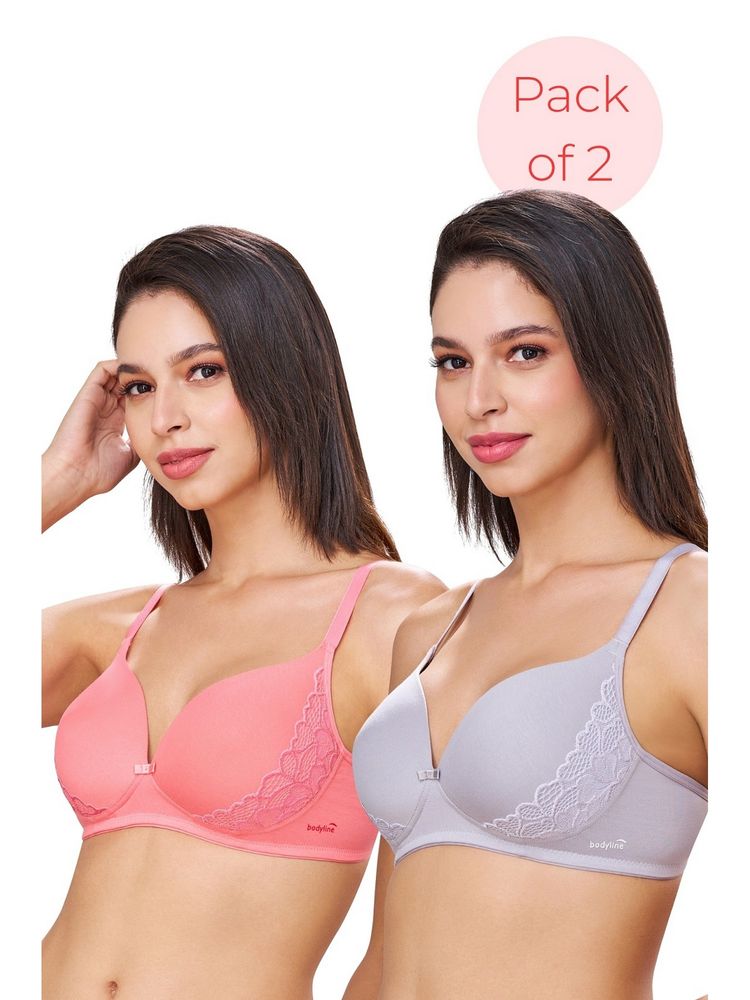bodyline Felicity Multicolor Wire-Free Padded Lace Detailing Bra (Pack of 2)-image-5