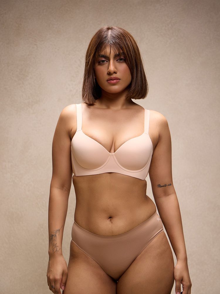 Krvvy Women Beige Padded Seamless Comfortable Fit Medium Coverage T-Shirt Bra-picture-13