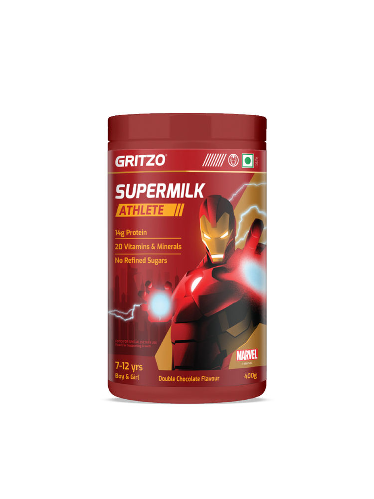 Gritzo Supermilk Athlete 14G Protein Powder Iron Man For 7-12Y Boy & Girl - Double Chocolate